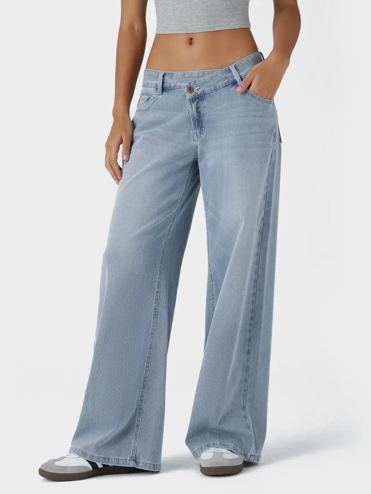 Asymmetric Low Rise Zipper Pockets Baggy Wide Leg Washed Casual Jeans