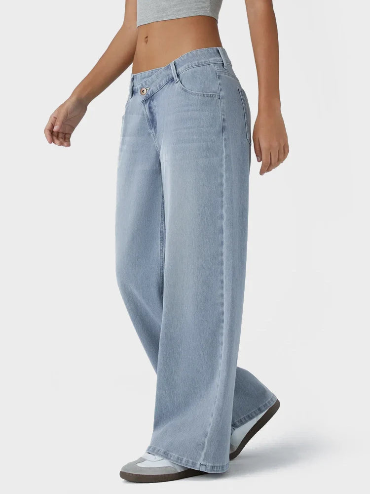 Asymmetric Low Rise Zipper Pockets Baggy Wide Leg Washed Casual Jeans
