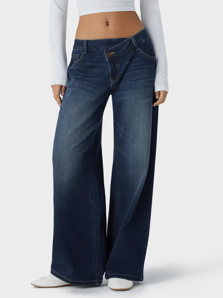 Asymmetric Low Rise Zipper Pockets Baggy Wide Leg Washed Casual Jeans