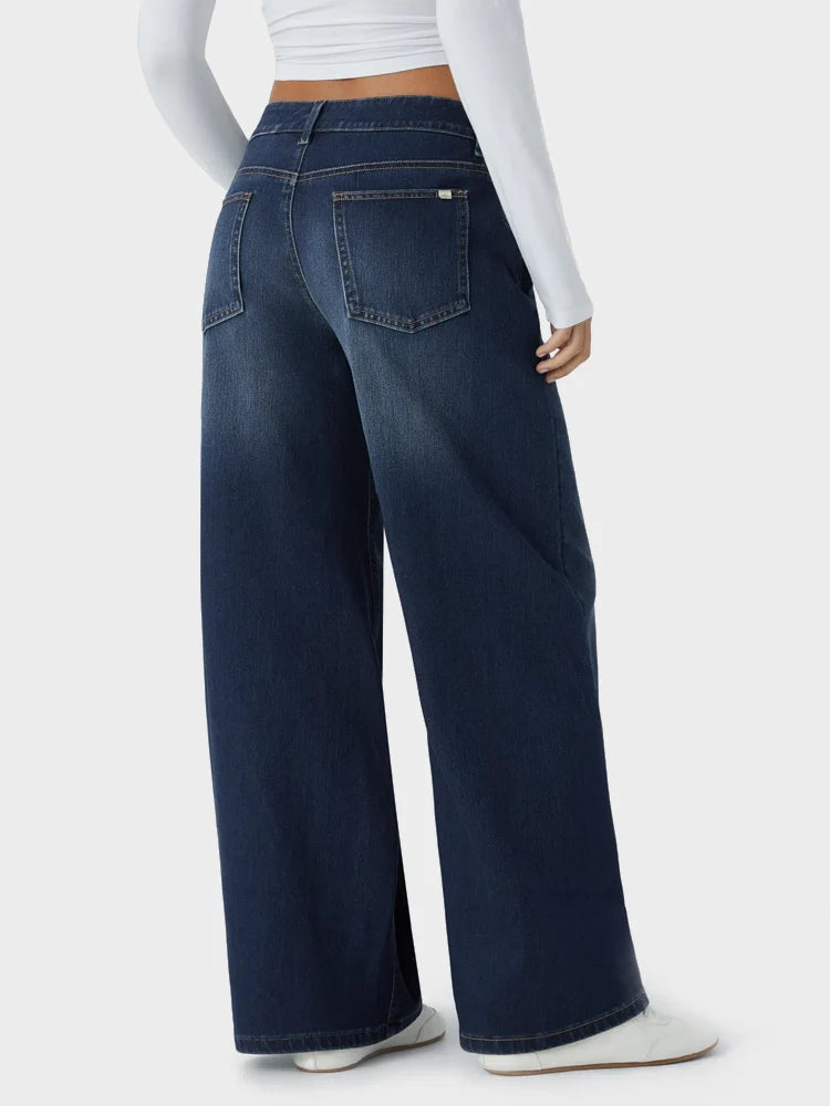 Asymmetric Low Rise Zipper Pockets Baggy Wide Leg Washed Casual Jeans