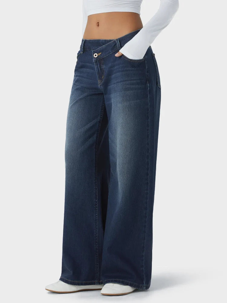 Asymmetric Low Rise Zipper Pockets Baggy Wide Leg Washed Casual Jeans