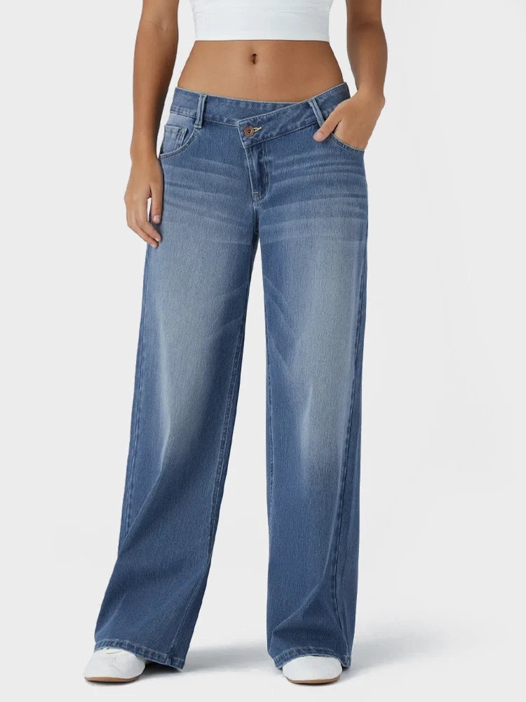 Asymmetric Low Rise Zipper Pockets Baggy Wide Leg Washed Casual Jeans