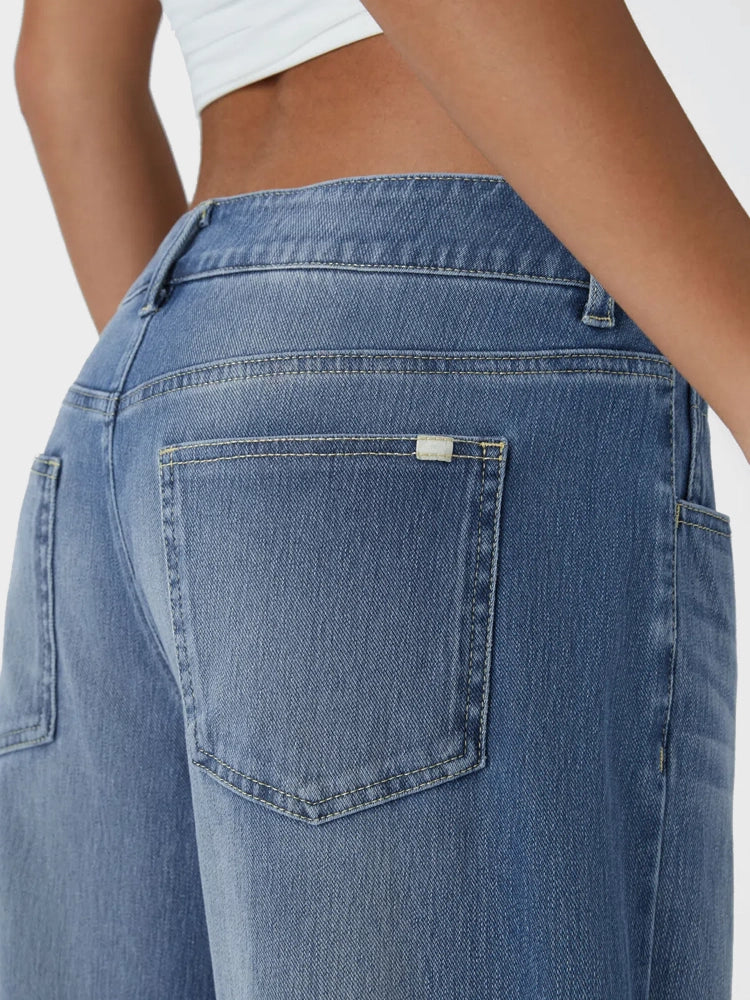Asymmetric Low Rise Zipper Pockets Baggy Wide Leg Washed Casual Jeans