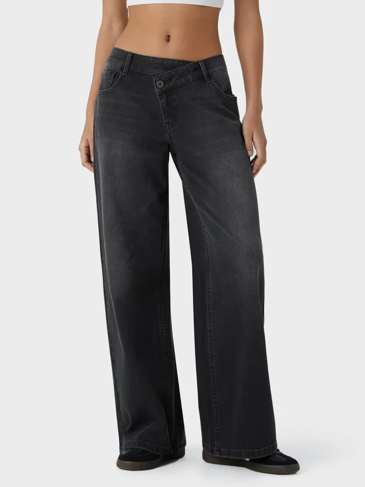 Asymmetric Low Rise Zipper Pockets Baggy Wide Leg Washed Casual Jeans