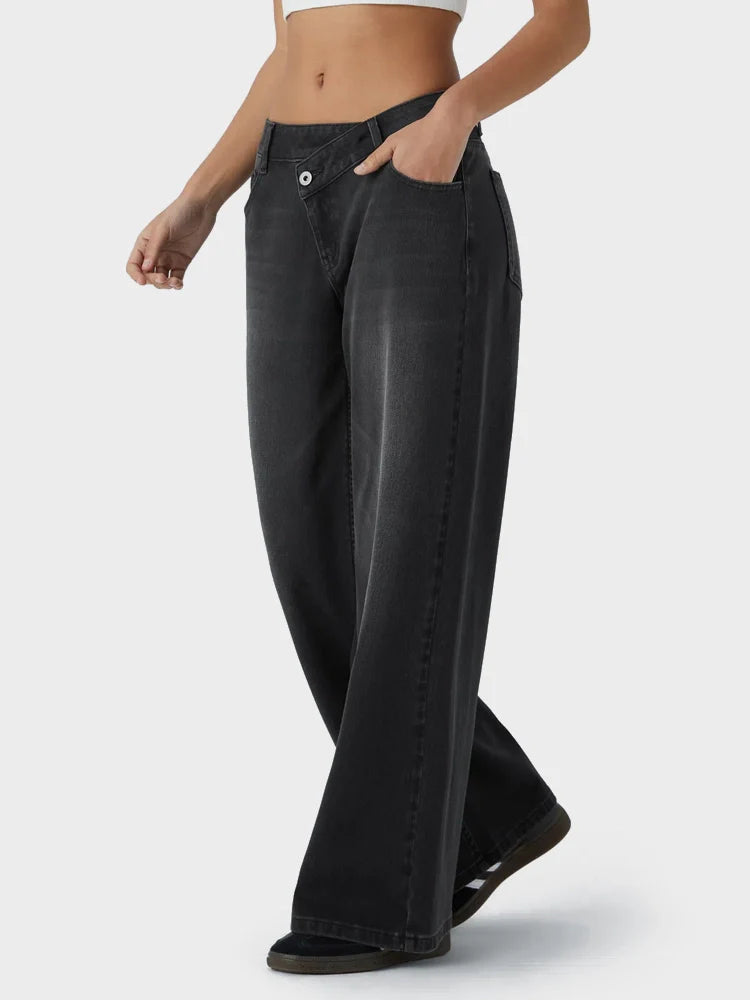 Asymmetric Low Rise Zipper Pockets Baggy Wide Leg Washed Casual Jeans