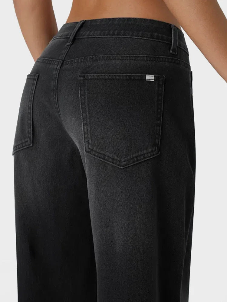 Asymmetric Low Rise Zipper Pockets Baggy Wide Leg Washed Casual Jeans