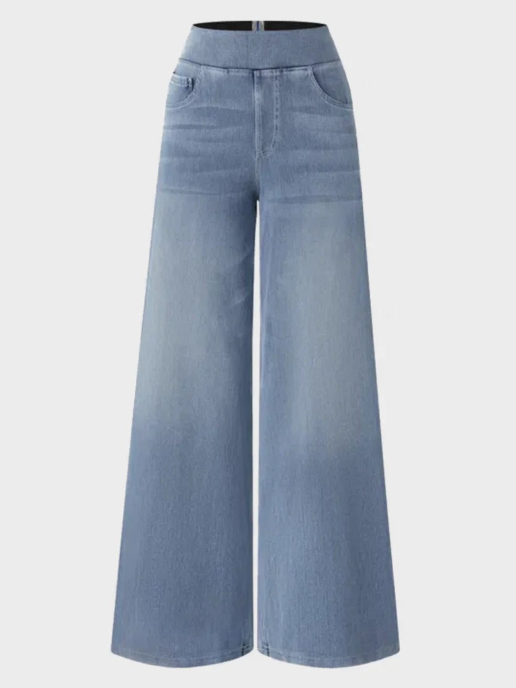 High Waisted Pockets Baggy Wide Leg Washed Casual Jeans