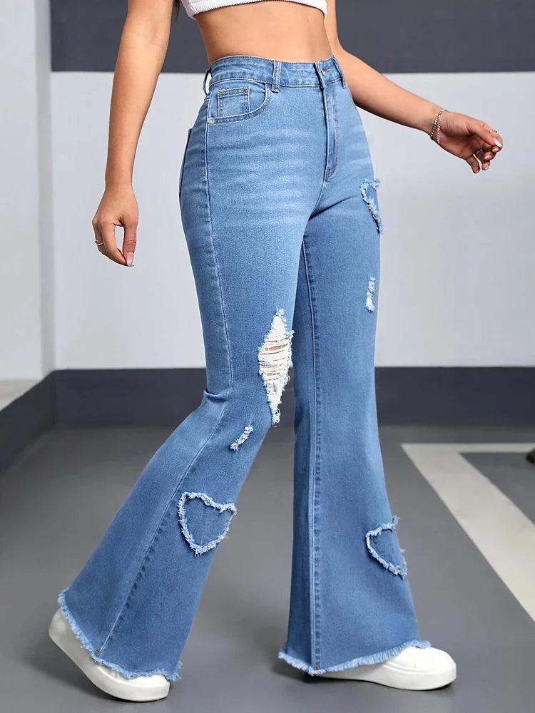 Stretchy Ripped High-Waist Flare Jeans