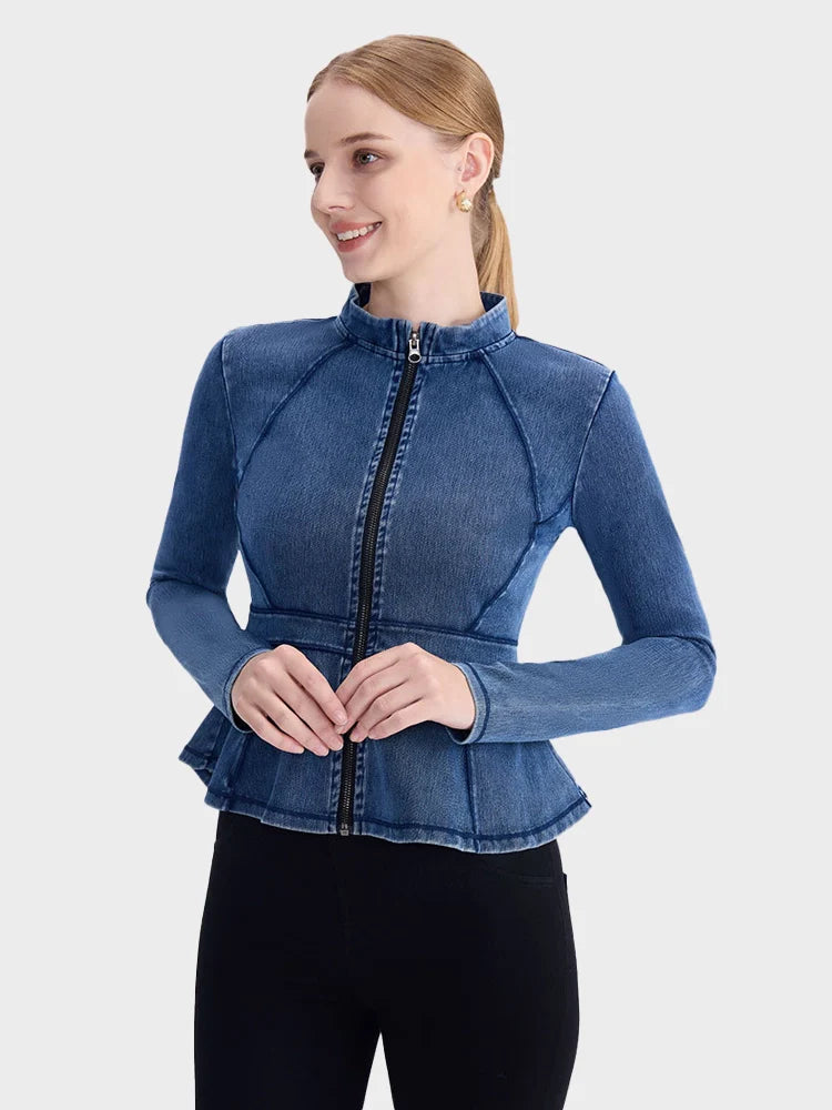 Slim Fit High-Neck Denim Zip-Up Yoga Jacket with Double Pockets