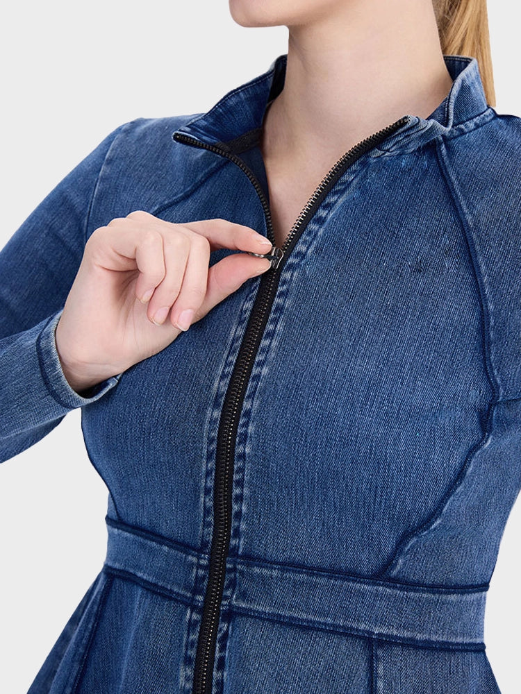 Slim Fit High-Neck Denim Zip-Up Yoga Jacket with Double Pockets