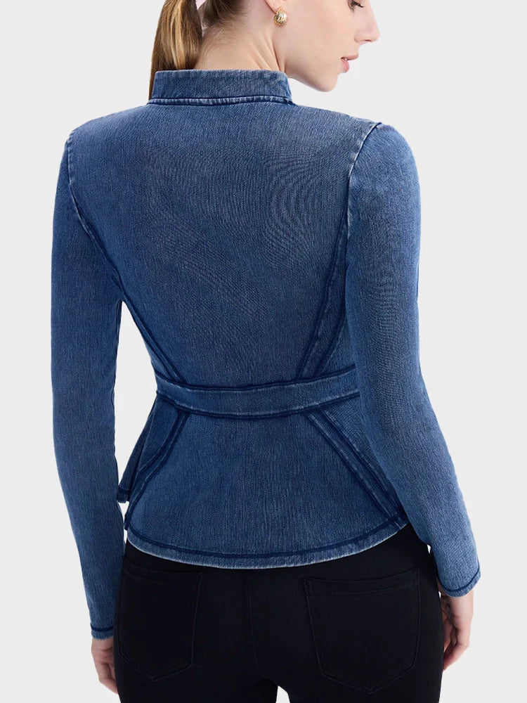 Slim Fit High-Neck Denim Zip-Up Yoga Jacket with Double Pockets