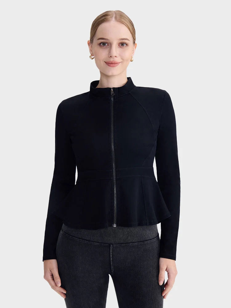 Slim Fit High-Neck Denim Zip-Up Yoga Jacket with Double Pockets