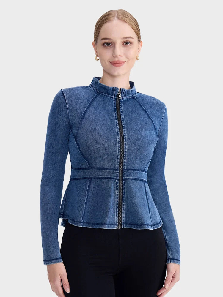 Slim Fit High-Neck Denim Zip-Up Yoga Jacket with Double Pockets