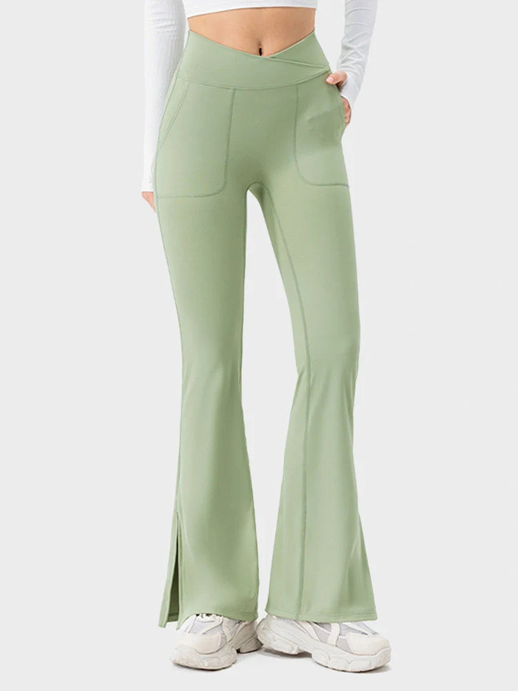 Womens Flare Leggings with Slit Hem High Waist Bootcut Yoga Pants Workout Tummy Control Flared