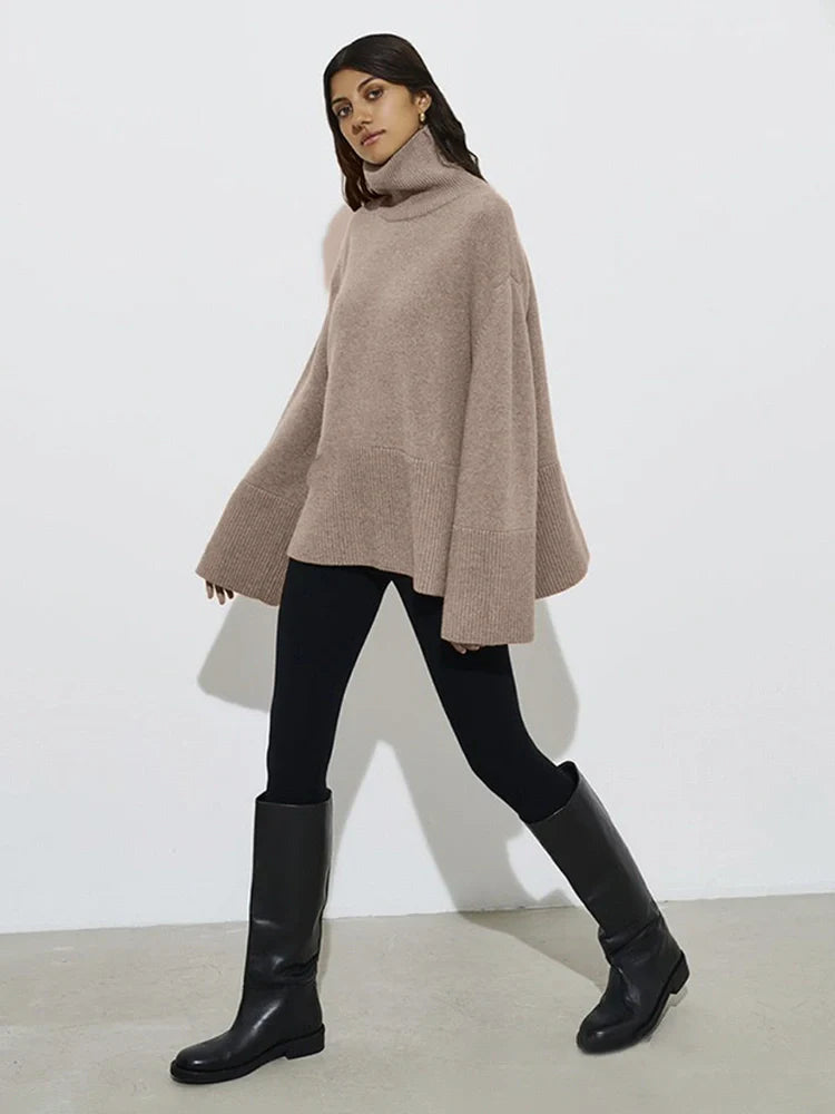 Women's Oversized Turtleneck Batwing Sleeve Casual Loose Knit Pullover Sweater