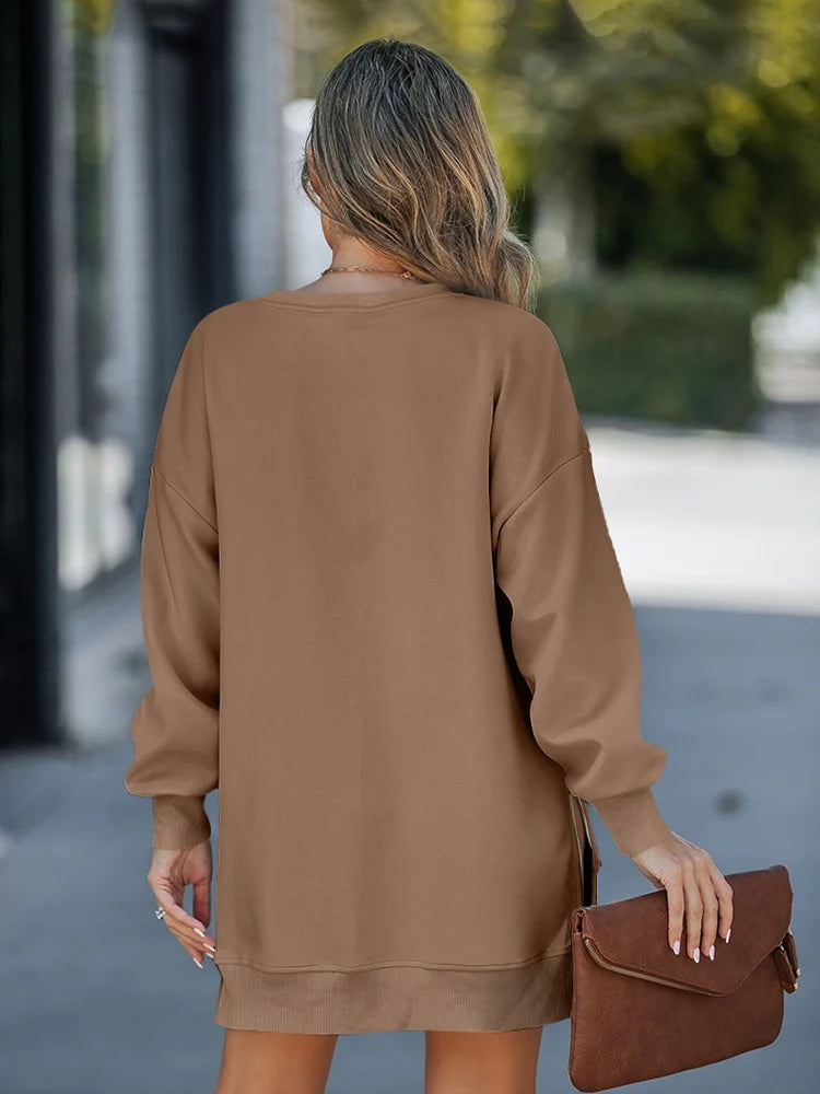 Long Sleeve Drop Shoulder Pullover Casual Zipper Side Slit Top
