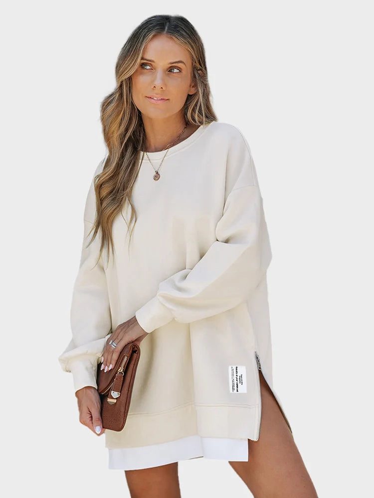 Long Sleeve Drop Shoulder Pullover Casual Zipper Side Slit Top