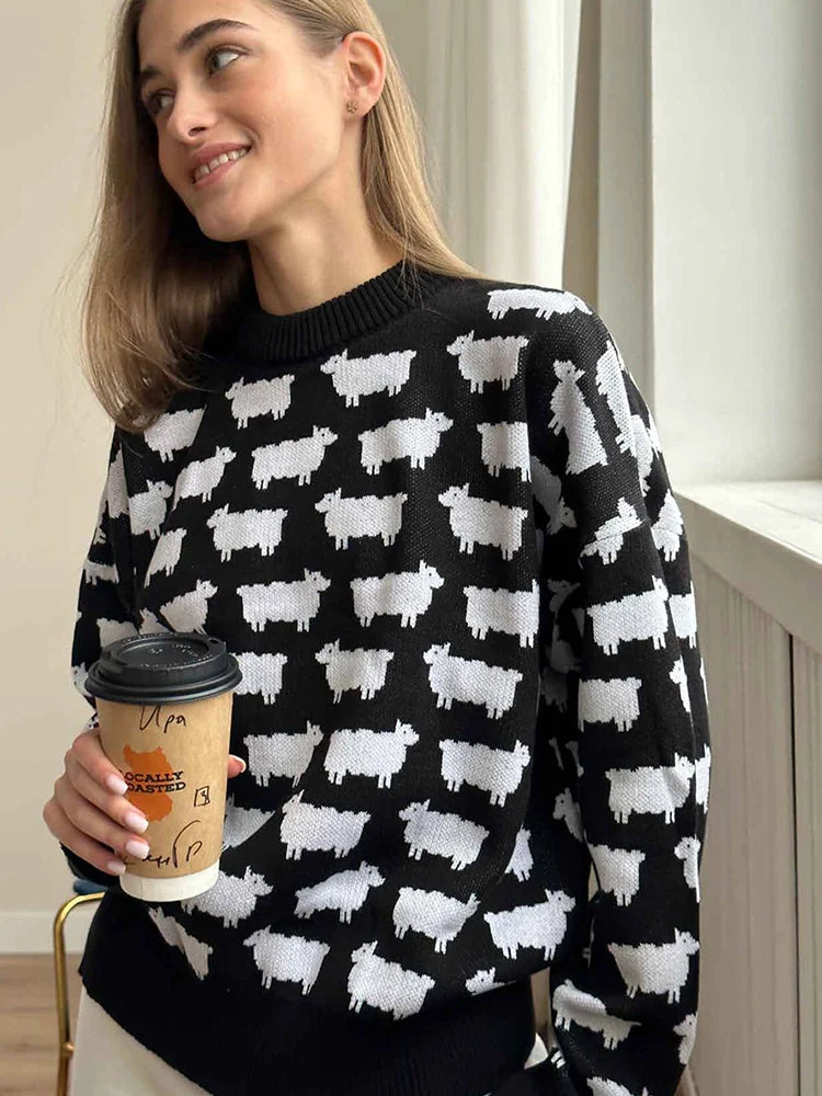 Women's Crew Neck oversize Alpaca Print Sweater