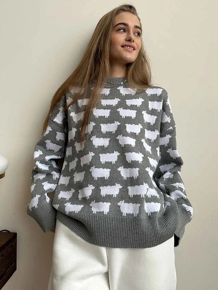 Women's Crew Neck oversize Alpaca Print Sweater