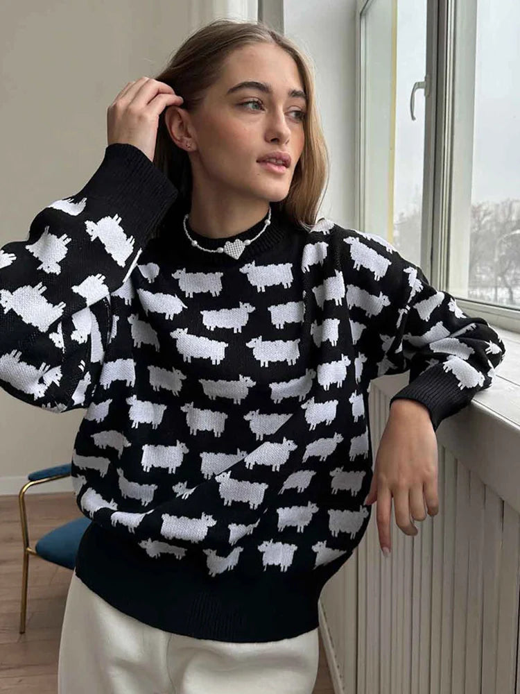 Women's Crew Neck oversize Alpaca Print Sweater