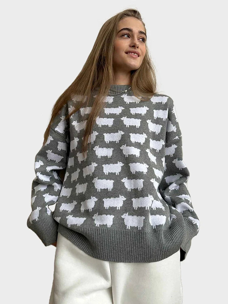 Women's Crew Neck oversize Alpaca Print Sweater