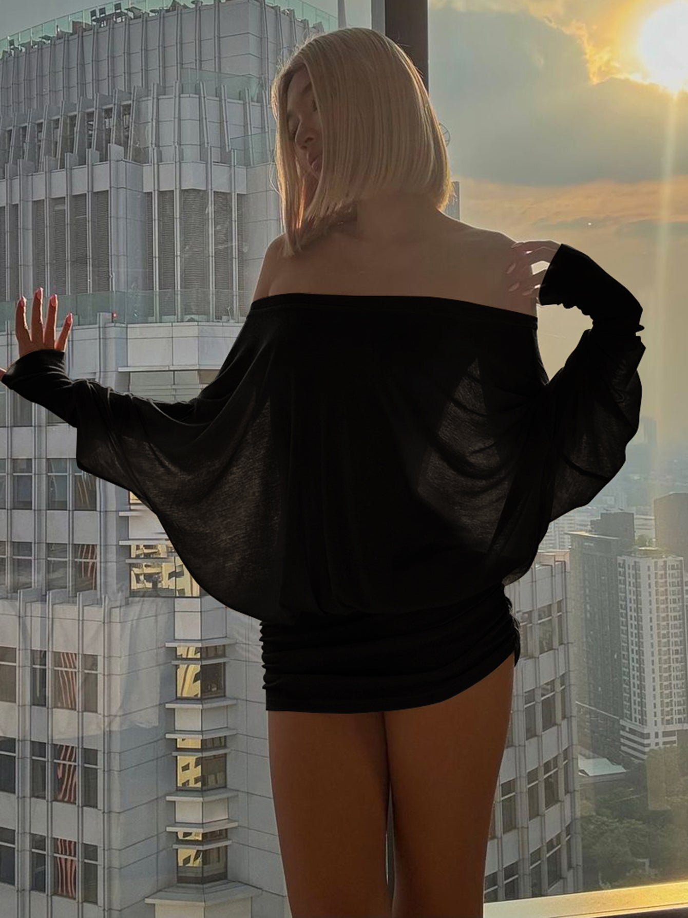 Women's Solid Off The Shoulder Sheer Ruched Dress