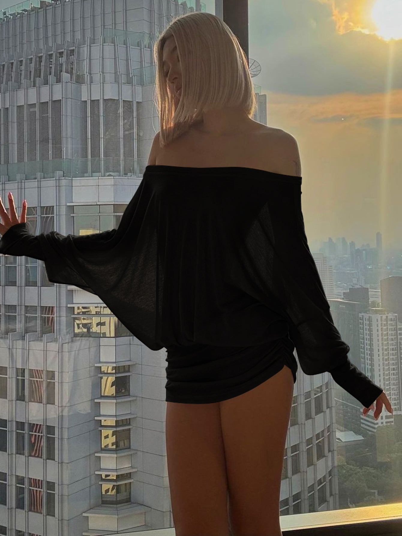 Women's Solid Off The Shoulder Sheer Ruched Dress