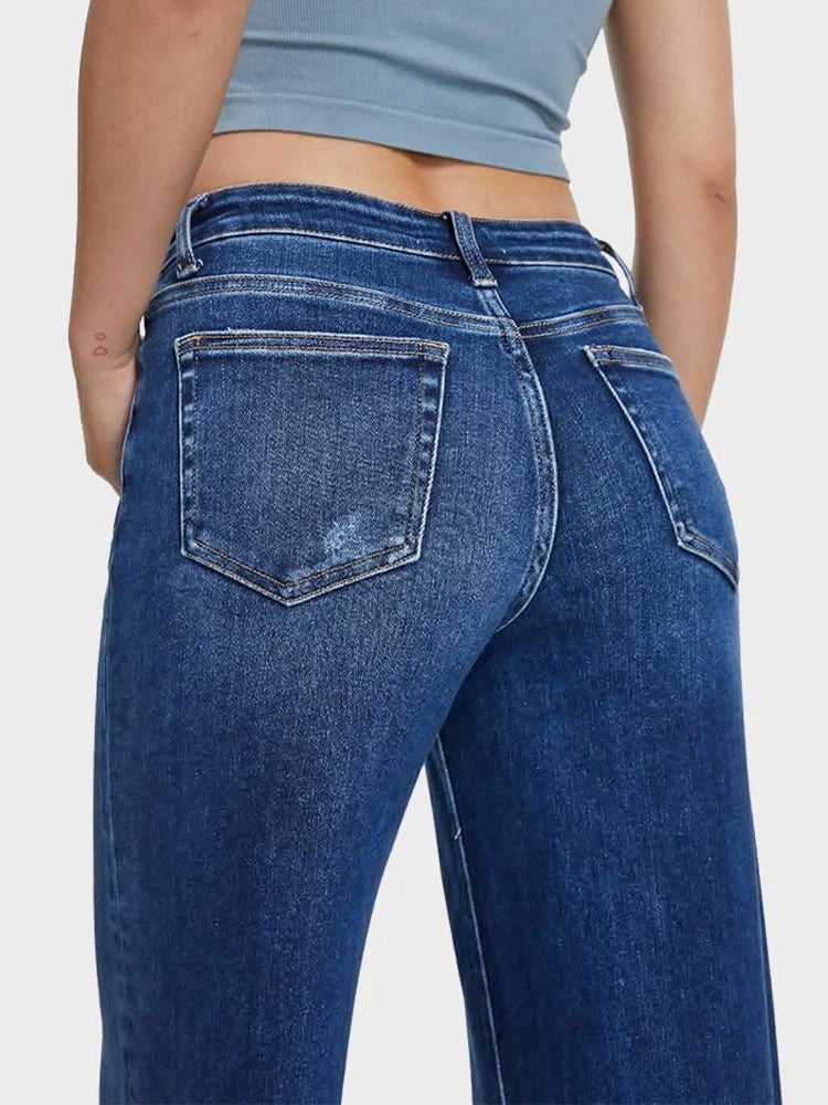 Mid Low Rise Baggy Stretchy Wide Leg Distressed Jeans
