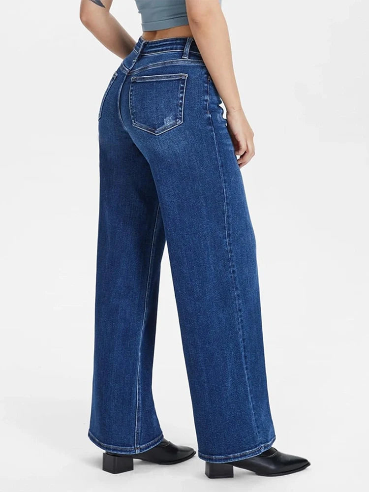 Mid Low Rise Baggy Stretchy Wide Leg Distressed Jeans