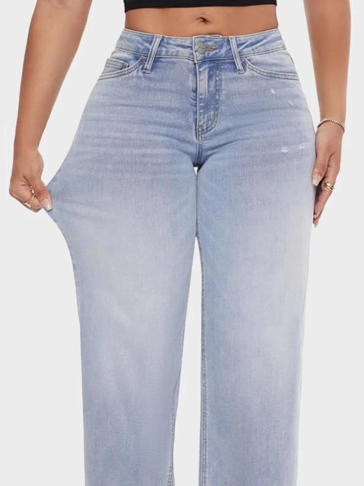 Mid Low Rise Baggy Stretchy Wide Leg Distressed Jeans